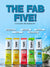 A promotional graphic for the 'Salts' brand 'The Fab Five!' bottled drink flavors. The image features five colorful single-serve packets (yellow, yellow, red, green, and blue) representing Raw Mango Chilli, Mango Chilli, Watermelon, Citrus, and Tender Coconut, set against a bright blue water-splashing background with bold blue text.
