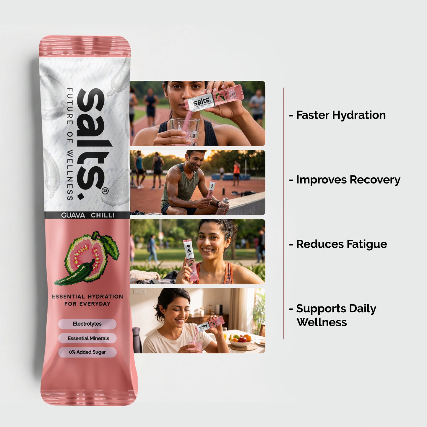 A single packet of Salts Guava Chilli electrolyte drink mix is shown on a light gray background, alongside four lifestyle photos of people hydrating and exercising, with marketing text listing benefits: faster hydration, improved recovery, reduced fatigue, and support for daily wellness.