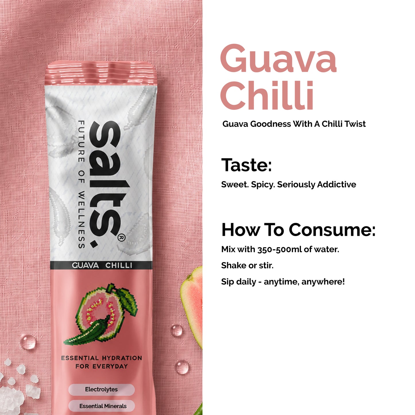 A single Salts Guava Chilli electrolyte stick pack stands on a pink textured surface next to a white text panel describing the flavor and usage instructions.