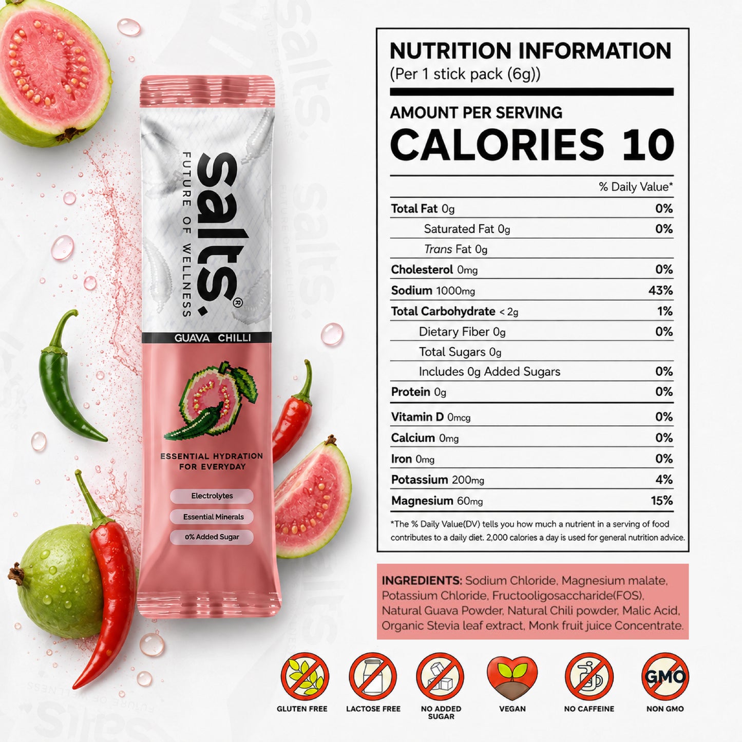 A product information graphic for Salts Guava-Chilli electrolyte drink mix. The left side shows a pink and silver bag of Salts Guava-Chilli powder with illustrations of sliced guava, water droplets, and red chili peppers.
