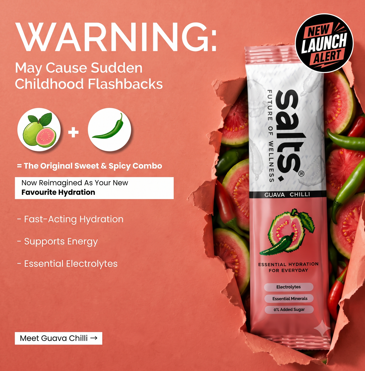 SALTs Guava Chilli electrolyte sachet with guava and chilli