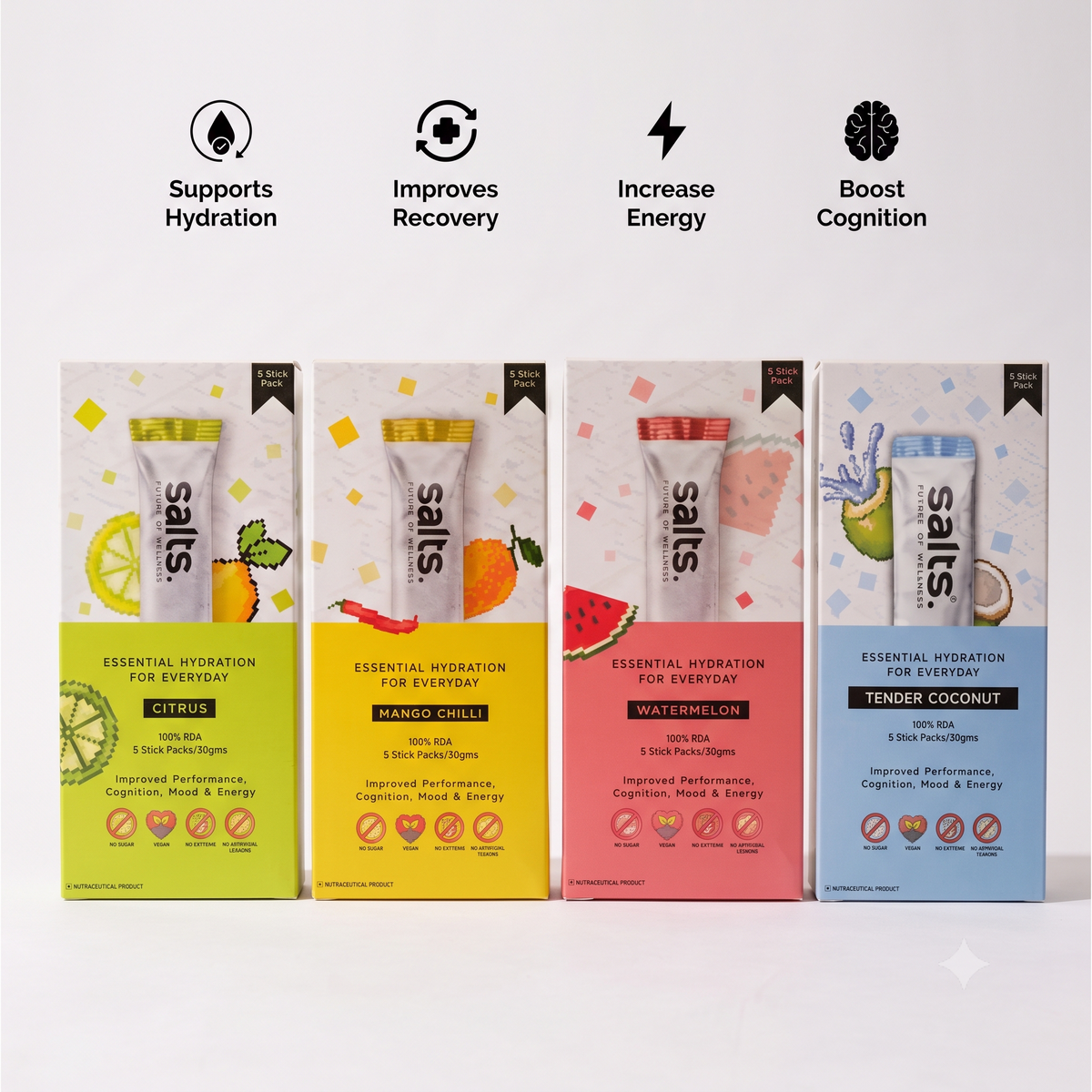 Assorted SALTs electrolyte drink packs in Citrus, Mango Chilli, Watermelon and Tender Coconut