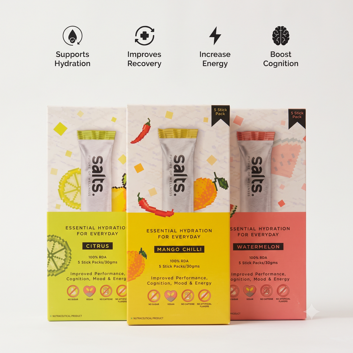 SALTs Citrus, Mango Chilli and Watermelon electrolyte packs